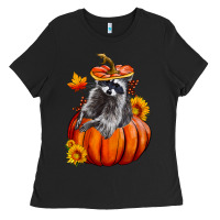 Black Fall Pumpkin Raccoon Ladies Tee - LillyAllenDesigns