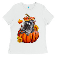 White Fall Pumpkin Raccoon Ladies Tee - LillyAllenDesigns