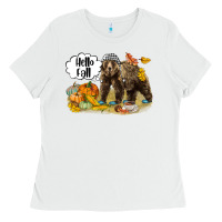 White Hello Fall Brown Bear Ladies Tee - LillyAllenDesigns
