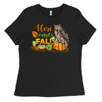 Black Here Comes Fall Owl Ladies Tee - LillyAllenDesigns