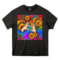 Asphalt Heart And Sunflowers With Neon Leopard Patterns Heavy Core Tee - BundleAndBundleShop