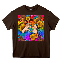 Chocolate Brown Heart And Sunflowers With Neon Leopard Patterns Heavy Core Tee - BundleAndBundleShop