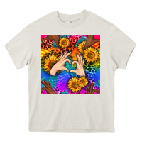 Cream Heart And Sunflowers With Neon Leopard Patterns Heavy Core Tee - BundleAndBundleShop