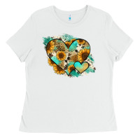 White Leopard Sunflower Cowhide Glitter Heart Ladies Tee - RanaPortraitStore