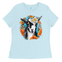 Baby Blue Daisy Goat With Background Ladies Tee - RanaPortraitStore