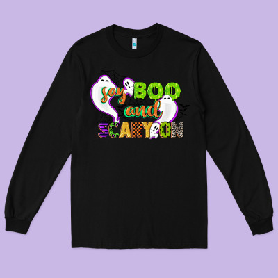 Say Boo And Scary On Long Sleeve Tee Designed By Cowgirlartshop