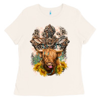 Bone Western Heifer Cow with crosses Ladies Tee - LillyAllenDesigns