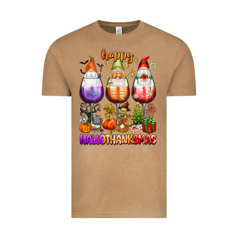 Happy Hallothanksmas Wine Glasses And Gnomes Vintage Tee by texasbilliewilder | Teevron
