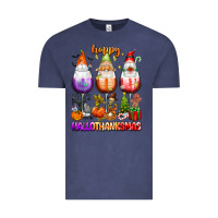 Vintage Denim Happy Hallothanksmas wine glasses and gnomes Vintage Tee - texasbilliewilder
