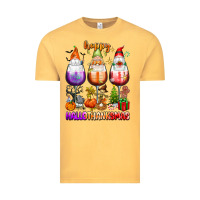Vintage Mustard Happy Hallothanksmas wine glasses and gnomes Vintage Tee - texasbilliewilder