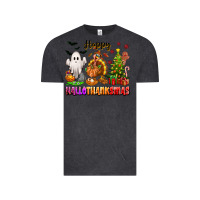 Vintage Black Happy Hallothanksmas with ghost turkey and tree Vintage Tee - texasbilliewilder