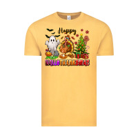 Vintage Mustard Happy Hallothanksmas with ghost turkey and tree Vintage Tee - texasbilliewilder
