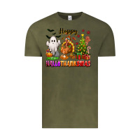 Vintage Olive Happy Hallothanksmas with ghost turkey and tree Vintage Tee - texasbilliewilder