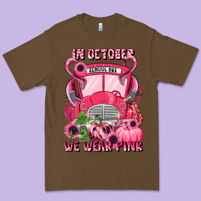 In October We Wear Pink Halloween School Bus Premium Tee Designed By Lillyallendesigns