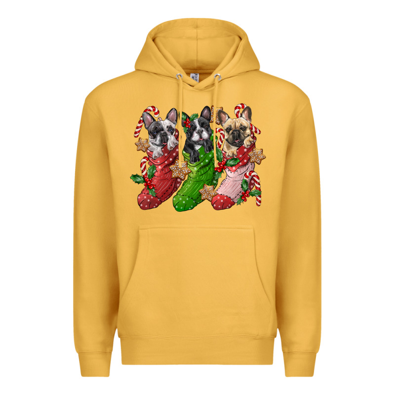 French Bulldog With Christmas Socks Premium Hoodie by FaDigitalArtStudio | Teevron