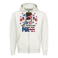 Oatmeal Heather All American Mama Messy Buny Zipper Hoodie - CowhideDigitalArt