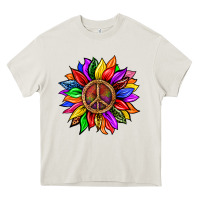 Cream Pride LGBTQ+ Sunflower With Peace Heavy Core Tee - BundleAndBundleShop