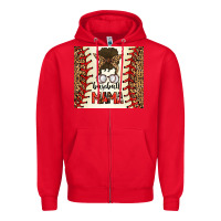 Red Baseball Mom Messy Bun Zipper Hoodie - CowhideDigitalArt