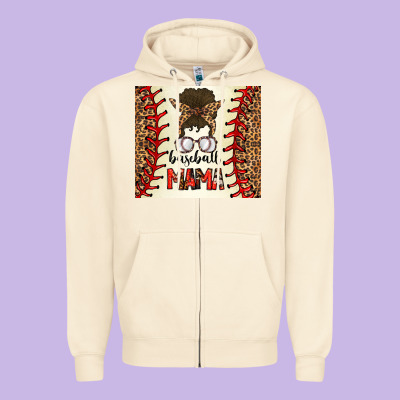 Baseball Mom Messy Bun Zipper Hoodie Designed By Cowhidedigitalart