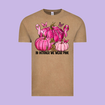 In October We Wear Pink With Pumpkin Vintage Tee Designed By Texasbilliewilder