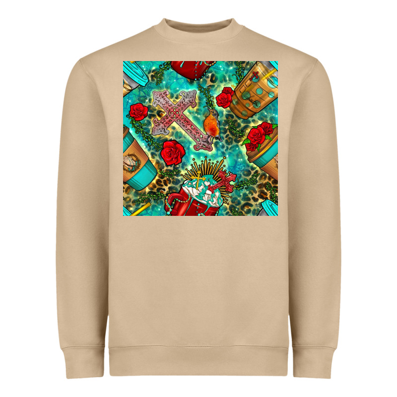 Faith Coffee Cup And Cross With Leopard And Roses Seamless Pattern Bbs Heavyweight Sweatshirt by BundleAndBundleShop | Teevron
