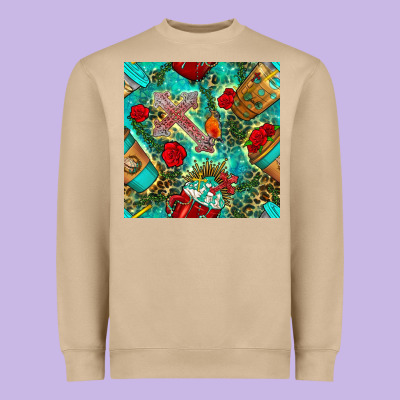 Faith Coffee Cup And Cross With Leopard And Roses Seamless Pattern Bbs Heavyweight Sweatshirt Designed By Bundleandbundleshop