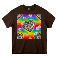 Chocolate Brown Pride LGBTQ+ Cowhide Hearts And Daisy Patterns Heavy Core Tee - BundleAndBundleShop