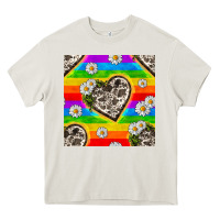 Cream Pride LGBTQ+ Cowhide Hearts And Daisy Patterns Heavy Core Tee - BundleAndBundleShop