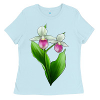 Baby Blue Pink And White Lady's Slipper Flower Ladies Tee - LillyAllenDesigns