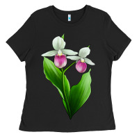 Black Pink And White Lady's Slipper Flower Ladies Tee - LillyAllenDesigns