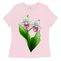 Bubblegum Pink Pink And White Lady's Slipper Flower Ladies Tee - LillyAllenDesigns