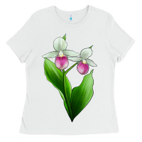 White Pink And White Lady's Slipper Flower Ladies Tee - LillyAllenDesigns