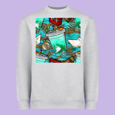 Fish Coffee Cups And Reeds With Paper Boat And Leopard Lake Seamless P Heavyweight Sweatshirt Designed By Bundleandbundleshop