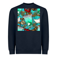 Navy fish coffee cups and reeds with paper boat and leopard lake seamless p Heavyweight Sweatshirt - BundleAndBundleShop