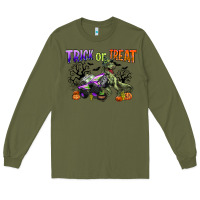 Army Green trick or treat with monster truck and t rex Long Sleeve Tee - CowGirlArtShop