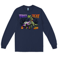 Navy trick or treat with monster truck and t rex Long Sleeve Tee - CowGirlArtShop