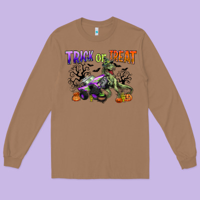 Trick Or Treat With Monster Truck And T Rex Long Sleeve Tee Designed By Cowgirlartshop