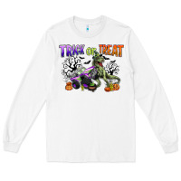 White trick or treat with monster truck and t rex Long Sleeve Tee - CowGirlArtShop