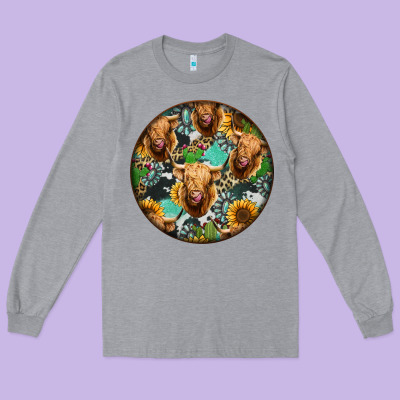 Highland Cow Pattern Long Sleeve Tee Designed By Jasminsmagicworld