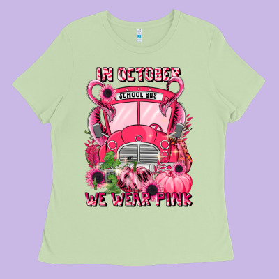 In October We Wear Pink Halloween School Bus Ladies Tee Designed By Lillyallendesigns
