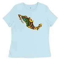Baby Blue Guerrero Mexico Serape Cactus Sunflower Map Ladies Tee - RanaPortraitStore