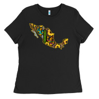Black Guerrero Mexico Serape Cactus Sunflower Map Ladies Tee - RanaPortraitStore