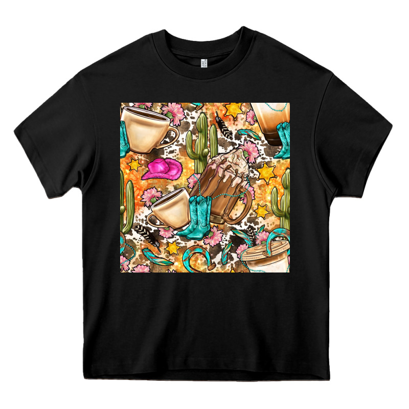 Western Cowgirl Coffee Cup With Cowhide Seamless Pattern Bbs Heavy Core Tee by BundleAndBundleShop | Teevron