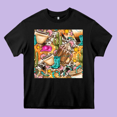 Western Cowgirl Coffee Cup With Cowhide Seamless Pattern Bbs Heavy Core Tee Designed By Bundleandbundleshop