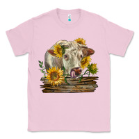 Bubblegum Pink charolais cow with sunflowers Classic Tee - LillyAllenDesigns