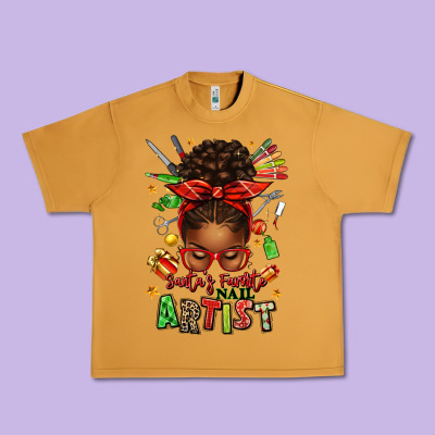 Santa's Favorite Nail Artist Afro Messy Bun Urban Heavy Tee Designed By Texasbilliewilder