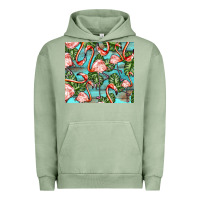 Pigment Oil Green flamingos with leaves Urban Hoodie - BarkalooDesign