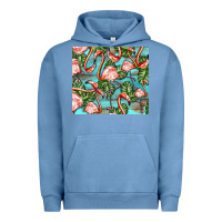 Pigment Pebble Blue flamingos with leaves Urban Hoodie - BarkalooDesign