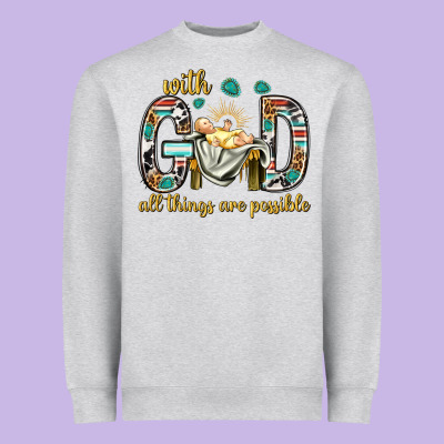 With God All Things Are Possible With Baby Jesus Bbs Heavyweight Sweatshirt Designed By Bundleandbundleshop