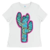 White Western Turquoise Cactus Ladies Tee - RanaPortraitStore